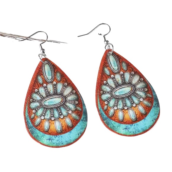 Faux Leather Western Print Teardrop Earrings - Picture 4 of 5